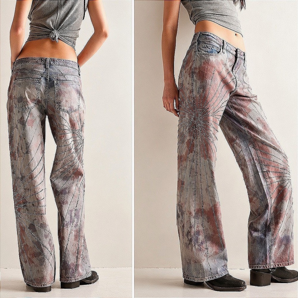 Free People Rhinestone Aurora‎ Mid-Rise Straight Crystal Jeans Size 27